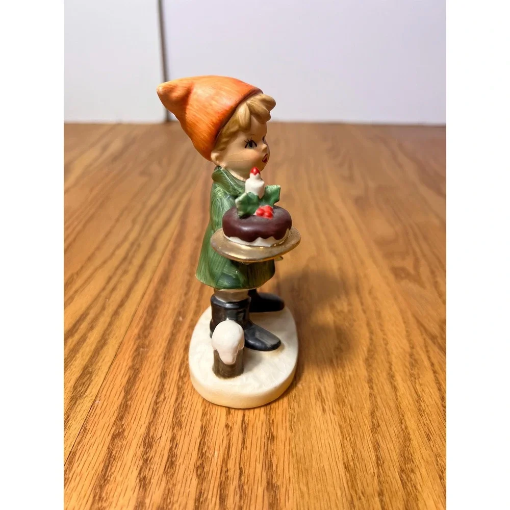 VTG Christmas Caroler Child Figurine Holding Christmas Pudding Cake Mid Century